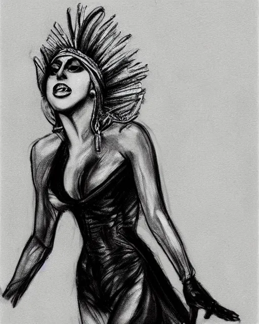 Image similar to lady gaga, court room sketch, fine details, concept art, extremely detailed, black and white, very sharp, in the style of elizabeth williams