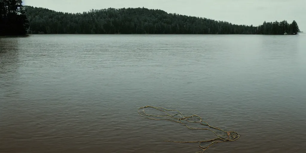 Prompt: centered photograph of a single line of thick brown \ long rope floating on the surface stretching out to the center of the lake, a dark lake sandy shore on a cloudy day, color film, trees in the background, hyper - detailed kodak color film photo, anamorphic lens 2 0 0 1