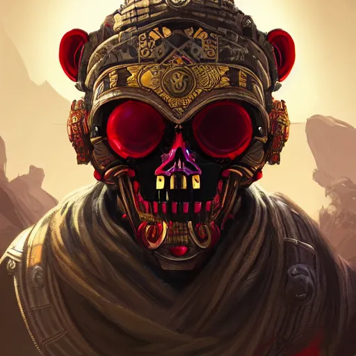 Prompt: a golden skull face monkey warrior with a ruby in his forehead, Apex Legends character digital illustration portrait design, by android jones, detailed, volumetric lighting, wide angle action dynamic portrait