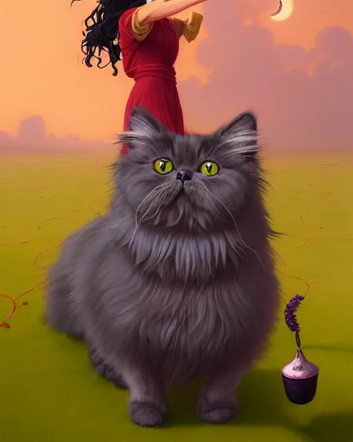 Image similar to highly detailed surreal vfx portrait of a cute, happy persian cat with green eyes, dressed up as a witch, stephen bliss, unreal engine, greg rutkowski, loish, rhads, beeple, makoto shinkai and lois van baarle, ilya kuvshinov, rossdraws, tom bagshaw, alphonse mucha, global illumination, detailed and intricate environment