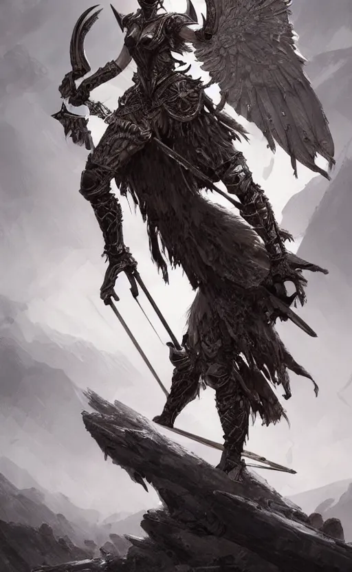 Image similar to valkyrie standing triumphantly atop a pile of bones, epic fantasy, insane details, illustration, artstation, intricate, sharp focus, elegant, concept art