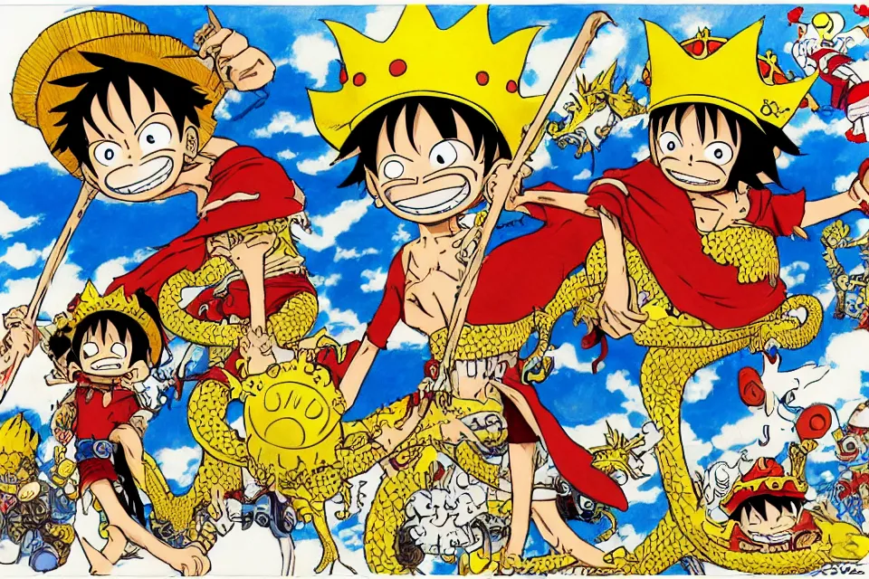 Image similar to concept sketches of luffy wearing a gold crown riding a large dragon by jamie hewlett, in the style of megaman, micro detail