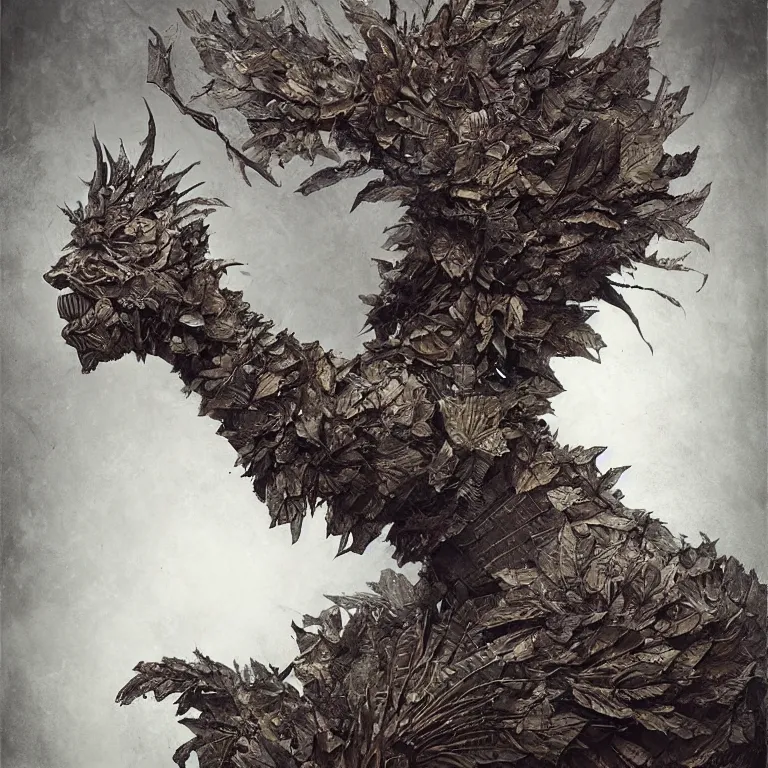 Image similar to powdery blurry old tintype photography of realistic armoured tree made of leaves, dramatic light, dystopian environment, intricate, elegant, highly detailed, centered headdress, artstation, sharp focus, artgerm, tomasz alen kopera, peter mohrbacher, donato giancola, joseph christian leyendecker, wlop, boris vallejo, frank frazetta