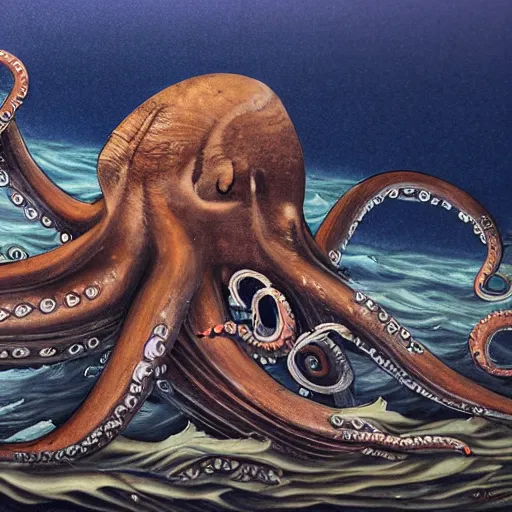 Image similar to photorealistic highly detailed japanese ancient art style painting of giant octopus sinking a ww2 battleship clutching in tentacles