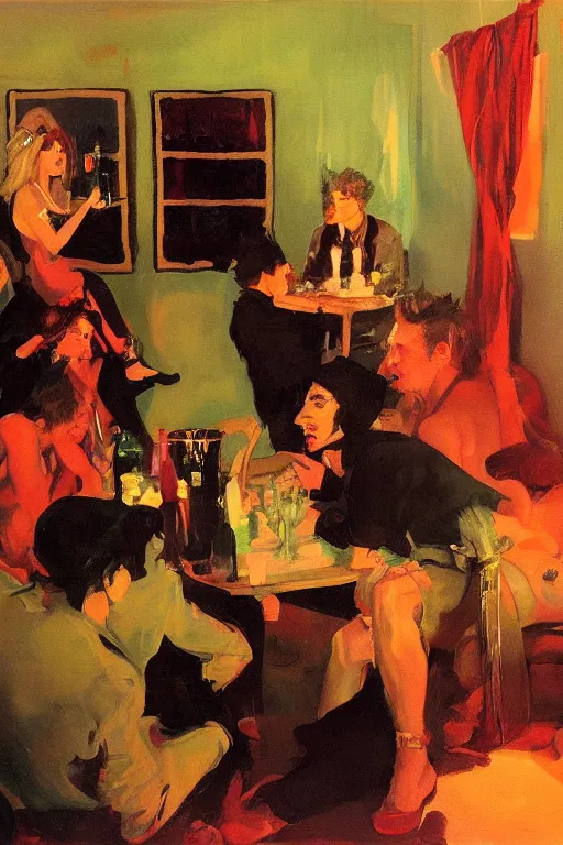 Prompt: glam rockers drinking brutal and raw wine, inside a tiny green room with red lights by joaquin sorolla, greg rutkowski, bill sienckiwicz, extremely detailed