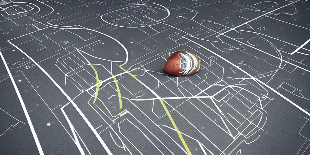 Image similar to ”futuristic american football played on a metallic arena with a chrome ball, [scifi, sports, retrofuturistic, ramps, painted lines on the floor, octane render, realistic, violent, detailed, photography]”