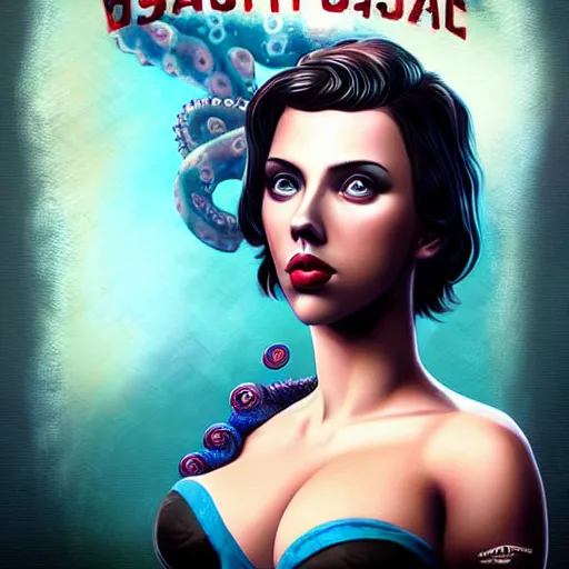 Image similar to underwater naga bioshock portrait of scarlett johansson, octopus, Pixar style, by Tristan Eaton Stanley Artgerm and Tom Bagshaw.