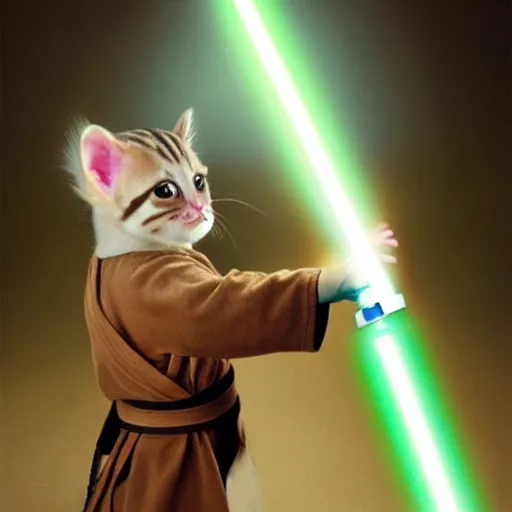 Prompt: Jedi Padawan kitten learning how to use a lightsaber
