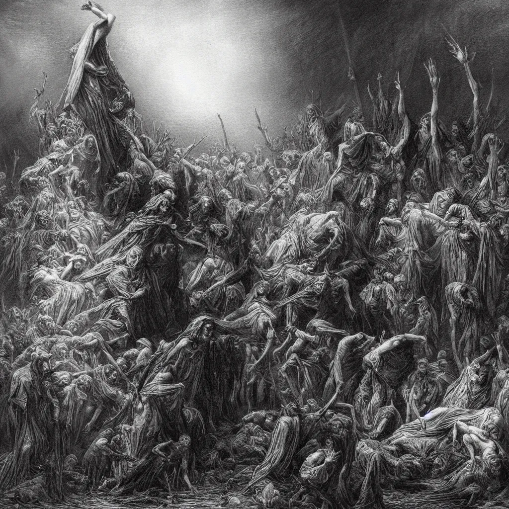 Image similar to the resurrection, creepy atmosphere, dark, portrait, realistic, very realistic, illustration by gustave dore