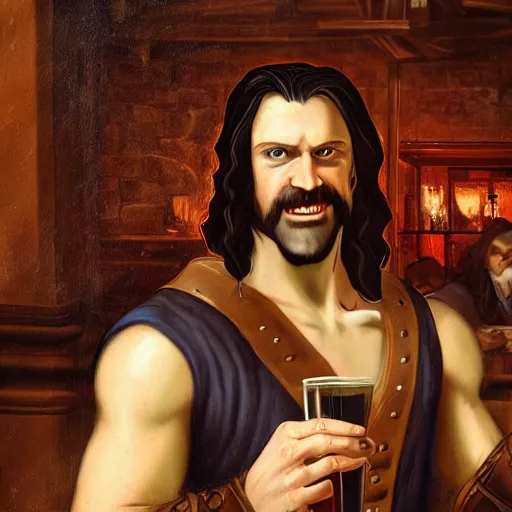 Image similar to Beautiful renaissance style painting of Trevor Belmont from Castlevania, enjoying a pint of ale at a tavern, HDR, happily smiling at the camera, holding the pint of ale, sitting at the bar, warm lantern lighting.