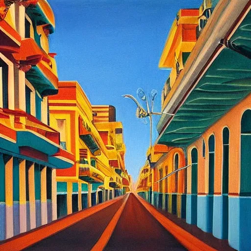 Image similar to constructivism painting of streets of Havana, Cuba, beautiful, diverse, golden hour