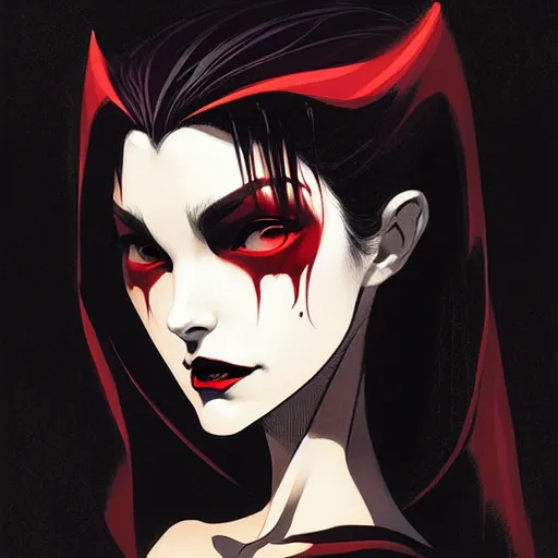 Image similar to beautiful vampire queen with fangs, symmetrical face, evil, portrait, cinematic, dramatic, powerful, super detailed and intricate, by koson ohara, by darwyn cooke, by greg rutkowski, by satoshi kon