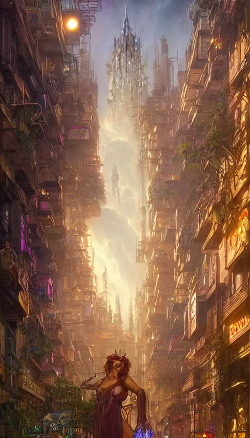 Image similar to golden goddess cutting a hyper realistic cyberpunk city in half with magic, crowded market street overtaken by lush plants, kittens, full moon, light rays, gnarly trees by tom bagshaw, mucha, gaston bussiere, craig mullins, j. c. leyendecker 8 k