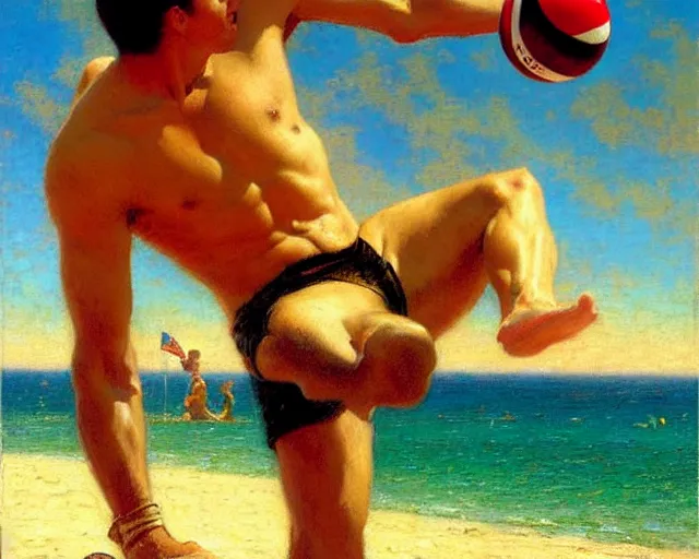 Prompt: top gun beach volleyball scene, warm colors, soft angles, soft focus, painting by gaston bussiere, craig mullins, j. c. leyendecker, tom of finland