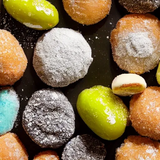 Prompt: powdered donuts and pickles piled on an ornate platter, high resolution photograph, beautiful lighting