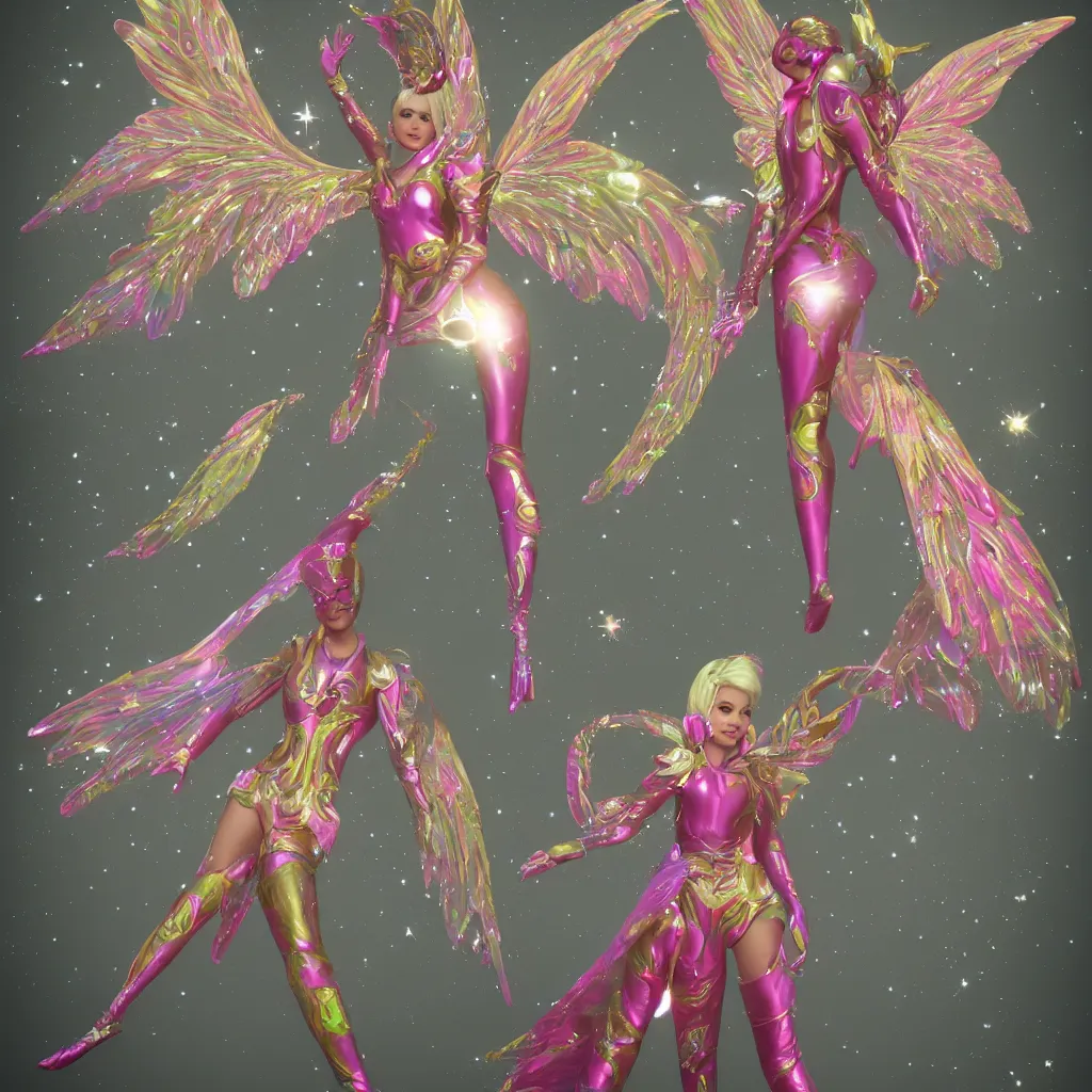 Prompt: a single 60s retro space cosmic fairy with huge fantasy wings and advanced spacesuit, unreal engine, artstation