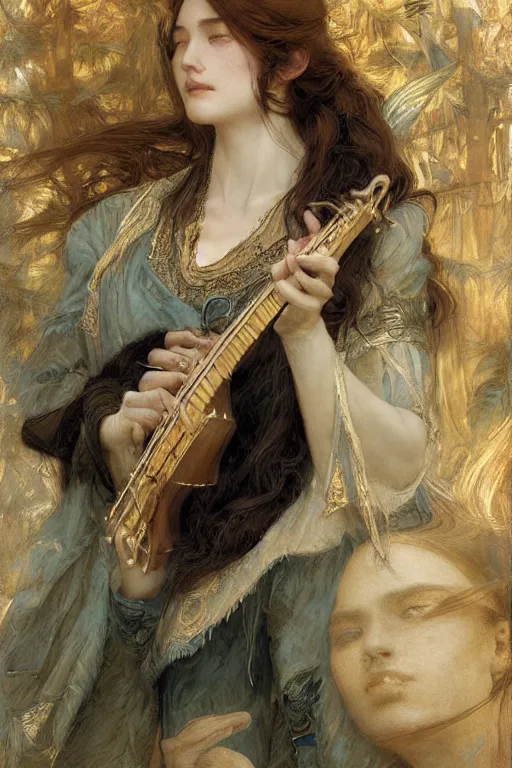 Image similar to a female bard by Edgar Maxence and Ross Tran and Michael Whelan