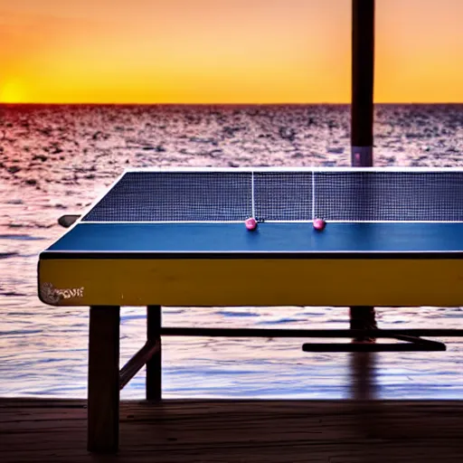 Image similar to Table Tennis bat on a table in front of a sunset at the seaside