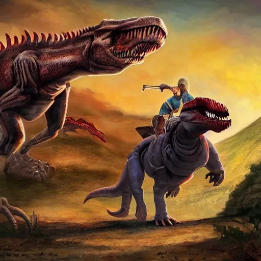 Prompt: benjamin netanyahu riding a t - rex with a shotgun, epic volcano background by victor adame minguez by yuumei by tom lovell by sandro botticelli
