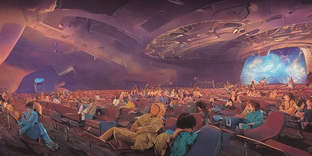 Image similar to choose your own adventure style cinema, multiple screens, astonishingly large cinema hall, detailed concept art, kids flying through the cinema, holodeck futuristic entertainment, theatre by moebius, amphitheatre crowd, incredible masterpiece