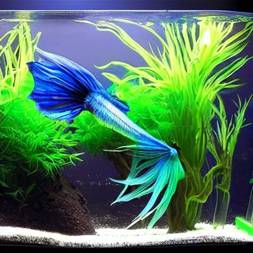 Prompt: beautiful and detailed betta fish with super long fins in an epic aquascape