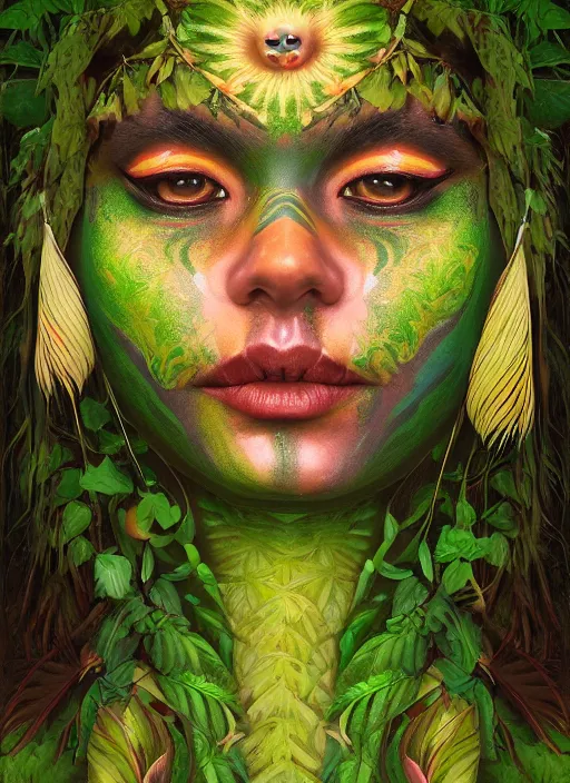Image similar to the ayahuasca vine plant spirit mixed with the face of a beautiful indigenous woman with a third eye in the jungle, face painted in green, fractals, beautiful colors, matte painting, by christophe vacher