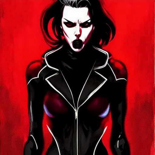 Image similar to rafael albuquerque comic art, peter mohrbacher, david baldeon, artgerm, pretty scarlett johansson vampire sharp vampire teeth open mouth, symmetrical eyes, black leather jacket, jeans, long blonde hair