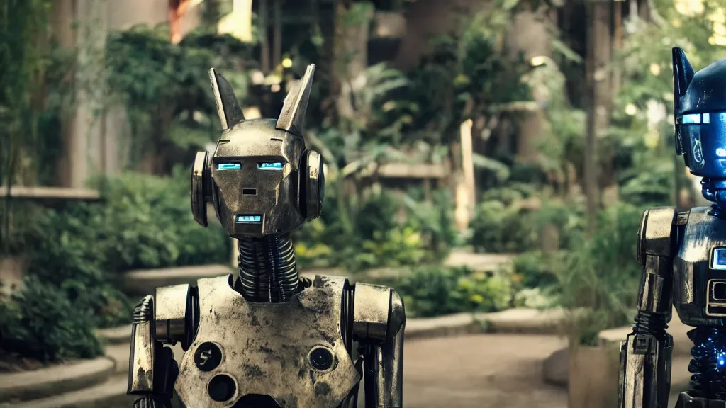 Image similar to film still from the movie chappie of the robot chappie shiny metal outdoor park plants garden scene bokeh depth of field furry anthro anthropomorphic stylized cat ears head android service droid robot machine fursona