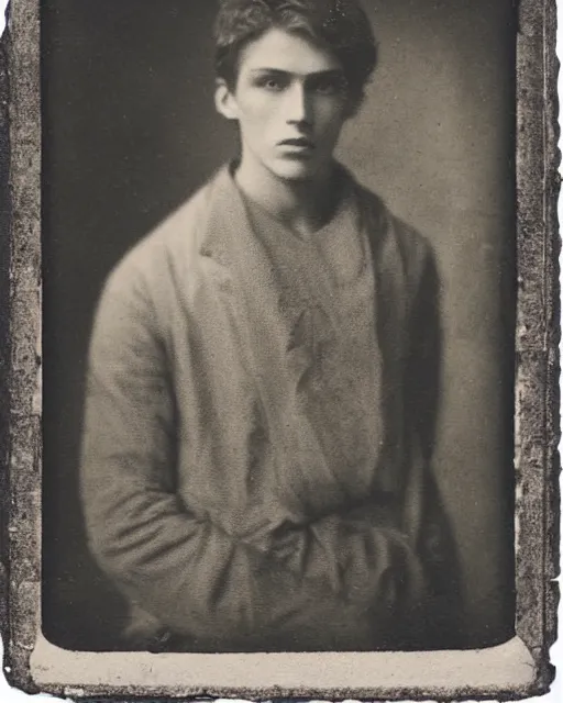 Image similar to tintype photo of alyosha karamazov, handsome innocent young russian man, by julia margaret cameron 1 8 8 0 s, realistic, body shot, sharp focus, 8 k high definition, insanely detailed, intricate, elegant