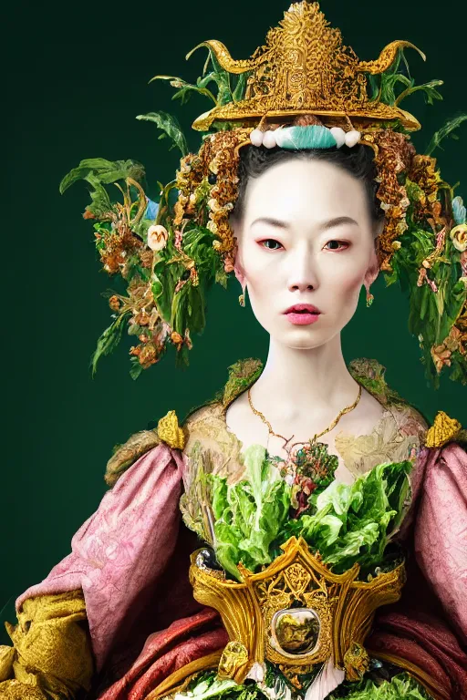 Image similar to a beautiful empress portrait, with a brilliant, impossible striking big salad headpiece, clothes entirely made out of salad, everything salad, symmetrical, dramatic studio lighting, rococo, baroque, greens, asian, hyperrealism, closeup, D&D, fantasy, intricate, elegant, highly detailed, digital painting, artstation, octane render, 8k, concept art, matte, sharp focus, illustration, art by Artgerm and Greg Rutkowski and Alphonse Mucha