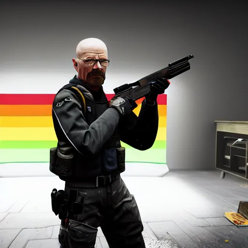 Image similar to walter white holding a macchine gun as a rainbow six siege operator, 4 k, highly detailed