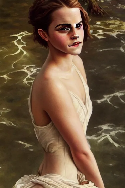 Prompt: a beautiful emma watson wearing a dress emerging from the water, oil on canvas, sensuality, artstation, by j. c. leyendecker and edmund blair leighton and charlie bowater, instagram photo