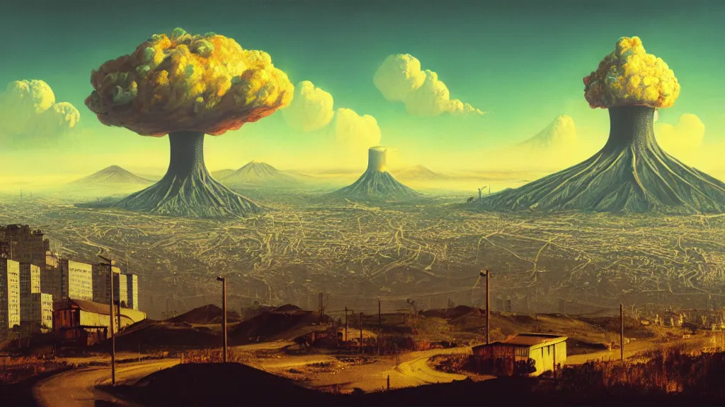 Prompt: Nuclear Fallout towering over the town of Quito by Simon Stålenhag and J.M.W. Turner, oil on canvas; Art Direction by Adam Adamowicz; 4K, 8K; Ultra-Realistic Depth Shading