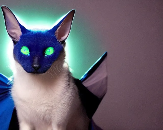 Image similar to a blue - and - black male blue / green heterochromatic catbat fursona with blue / green heterochromatic eyes ( one eye green ) and huge bat ears, photo of the catbat streaming on his computer