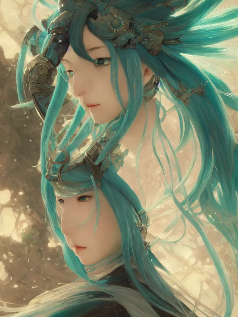 Image similar to Hatsune Miku, closeup, D&D, fantasy, intricate, elegant, highly detailed, digital painting, artstation, concept art, matte, sharp focus, undistorted, illustration, art by Artgerm and Greg Rutkowski and Alphonse Mucha