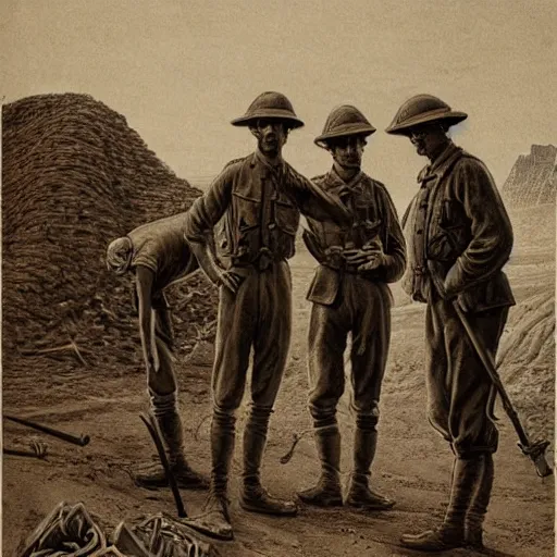 Prompt: ultra detailed photorealistic sepia - toned line drawing from 1 9 1 7, three british soldiers standing at an archaeological dig site in wadi rum, ultra realistic, painted, intricate details, lovecraft, atmospheric, dark, horror, brooding, highly detailed, by clyde caldwell