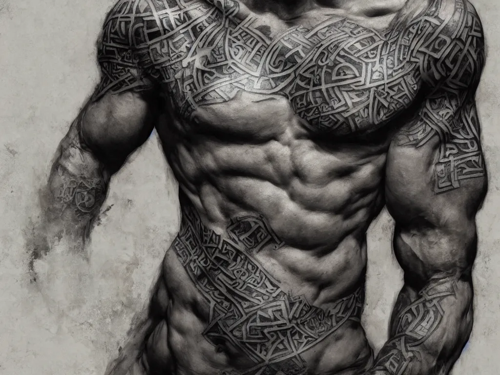 Image similar to front portrait of a muscular torso covered in runic tattoos front view, art by Ruan Jia , Moebious, Craig Mullin, and Nick Knight