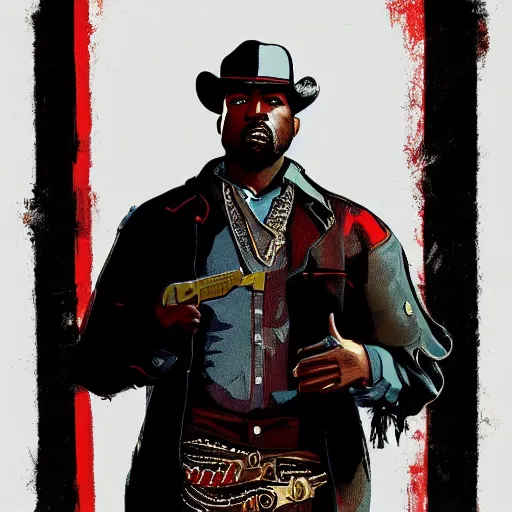 Image similar to kanye west in stephen bliss illustration red dead redemption 2 artwork of kanye west, in the style of red dead redemption 2 loading screen, by stephen bliss, artstation