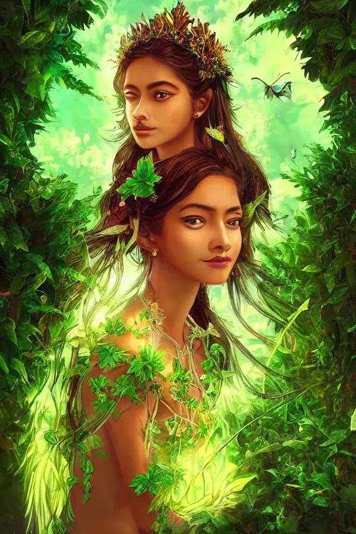 Prompt: portrait of a young sri lankan girl as titania, summer queen. faerie queen. queen of light, green, poison ivy, made by caravaggio stanley artgerm lau wlop rossdraws artstation cgsociety concept art cgsociety octane render