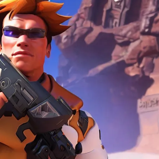 Image similar to a screenshot of arnold schwarzenegger as tracer in overwatch, temple of anubis map