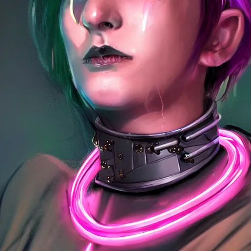 Prompt: detailed realistic cyberpunk female character cyberpunk wearing large steel collar around neck, realistic, art, beautiful, 4K, collar, choker, collar around neck, punk, artstation, detailed, female, woman, choker, cyberpunk, neon, punk, collar, choker, collar around neck, thick collar, choker around neck, wearing choker, wearing collar, bright neon punk hair, collar, choker,