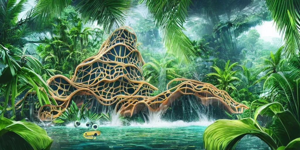 Image similar to of a tropical rainforest lake with strange cute friendly happy creatures with huge eyes, mouth, long tongue, round teeth and goofy face, appearing from the water, in the style of gehry and gaudi, macro lens, shallow depth of field, ultra detailed, digital painting, trending artstation, concept art, illustration, cinematic lighting, photorealism, epic, octane render