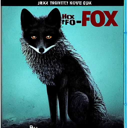 Image similar to blu-ray movie box cover for a horror movie featuring an anthropomorphic black fox dressed in casual clothing, dark and grainy