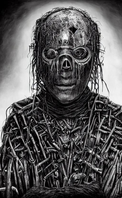 Prompt: portrait of slipknot, surrounded by beams of light dark background by wayne barlow, stanley donwood, anton semenov, zdzislaw bekinski, hr giger, 8 k, fantasy, dark, highly detailed