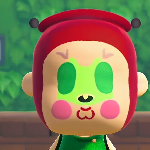 Prompt: animal crossing character with a round pink head, a green mohawk, green eyebrows and a long red pointy nose