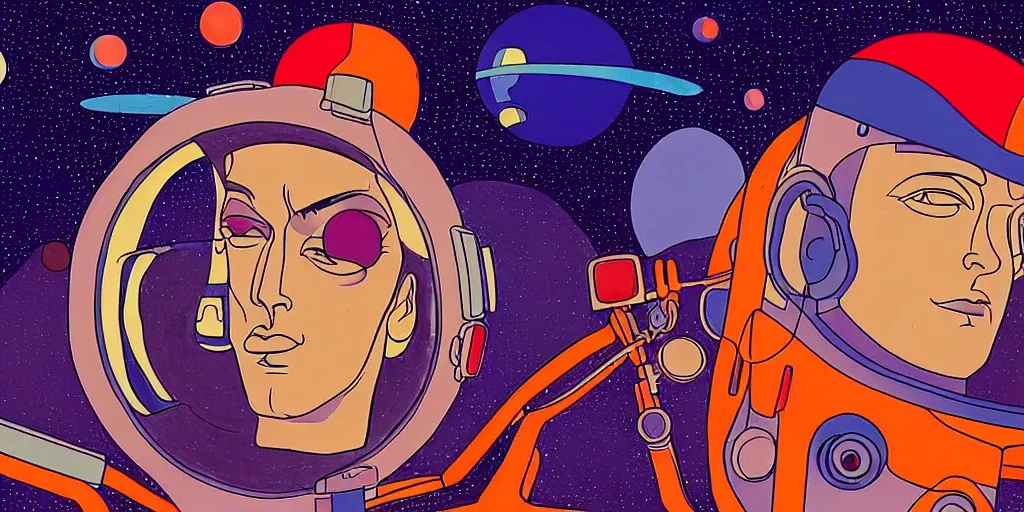 Image similar to traditional drawn colorful animation a symmetrical portrait of lonely single Alain Delon alone pilot in posing in spaceship station planet captain bridge outer worlds robots extraterrestrial hyper contrast well drawn in Jean Henri Gaston Giraud animation film The Masters of Time FANTASTIC PLANET La planète sauvage animation by René Laloux