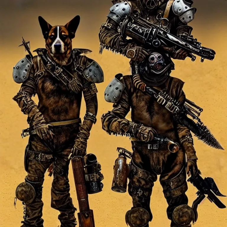 Image similar to a good ol'hound dog fursona ( from the furry fandom ), heavily armed and armored facing down armageddon in a dark and gritty version from the makers of mad max : fury road. witness me.