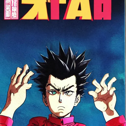 Prompt: young boy angry with pompadour hair, art by katsuhiro otomo, tetsuo hara, hirohiko araki, jotaro kujo, banchou, action pose, manga cover, watercolor