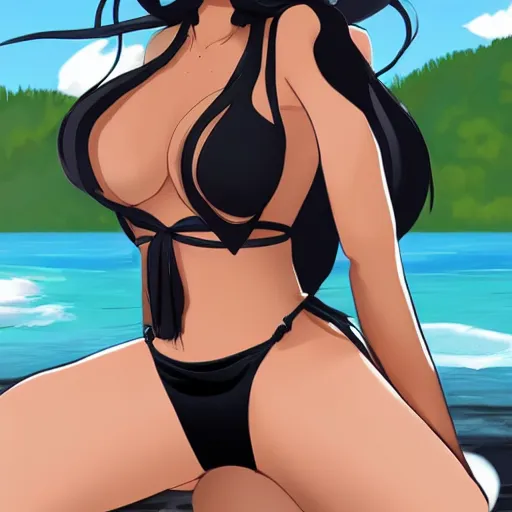 Image similar to black-haired beauty in 2D style , in a bikini , knee-length hair