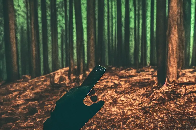 Image similar to terrible dark forest in the depths of which there is a thick butcher in a dirty shirt, chopping meat on a wooden stump, filmed hidden on a phone camera, Cinematic, wildlife photography, 35mm, photo on iphone